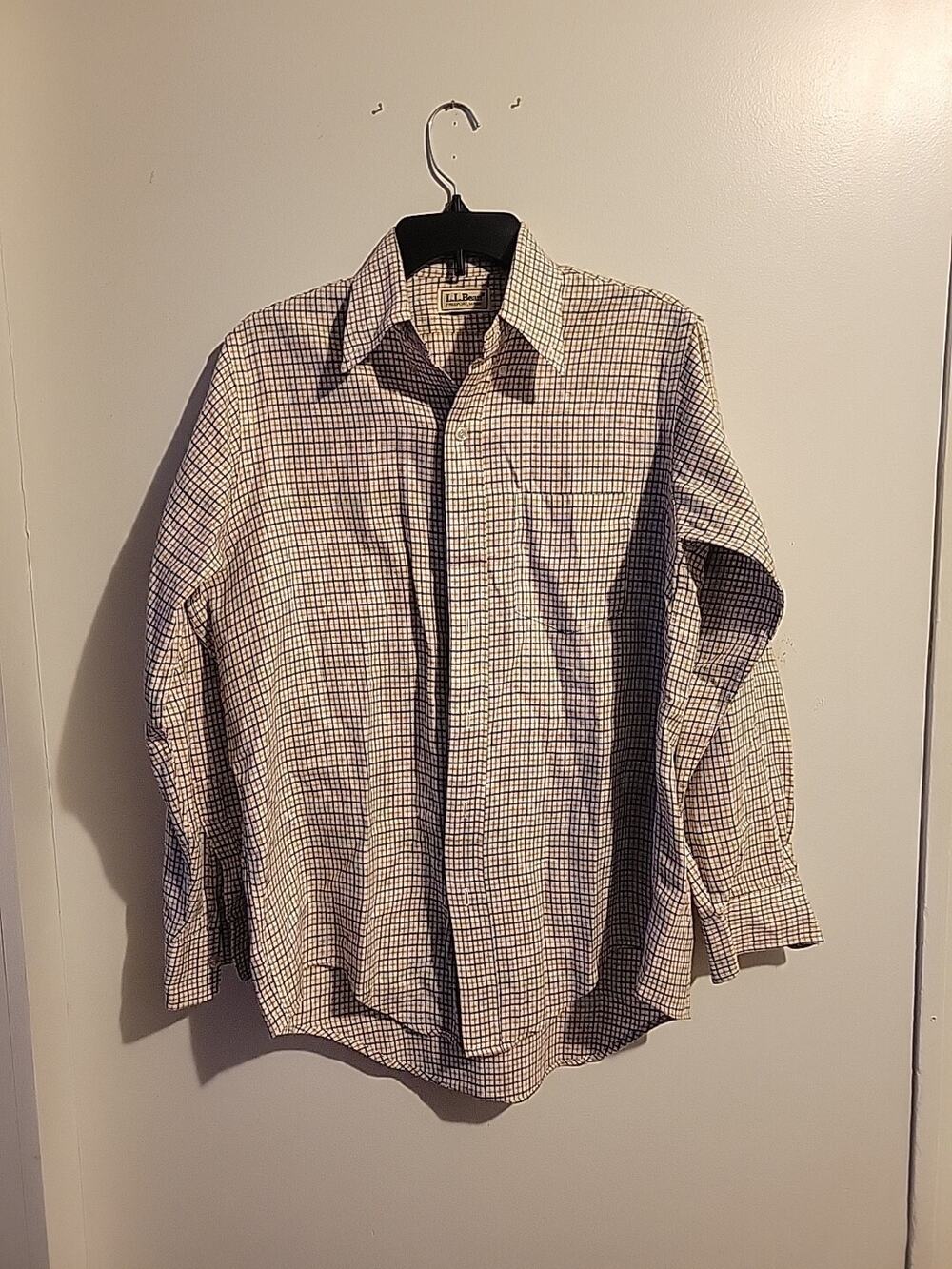 L.L.Bean Vtg Freeport Maine Plaid Collar Button Shirt Ivory Orange Blue M NEW